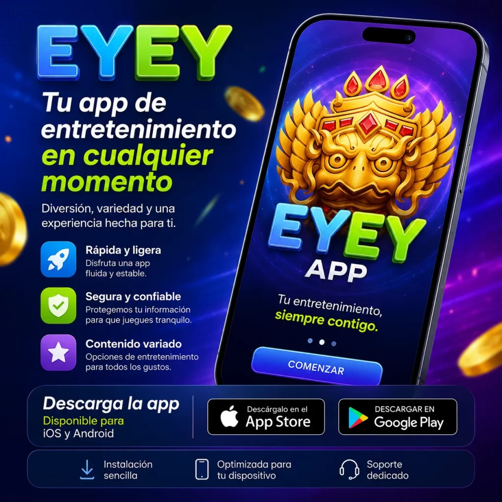 Ficha oficial de EYEY APP para Android e iOS en México, mostrando interfaz de navegación segura y compatibilidad móvil.